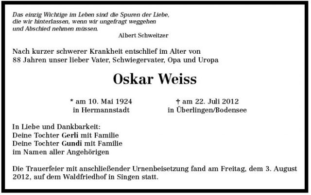 Weiss Oskar 1924-2012 Todesanzeige